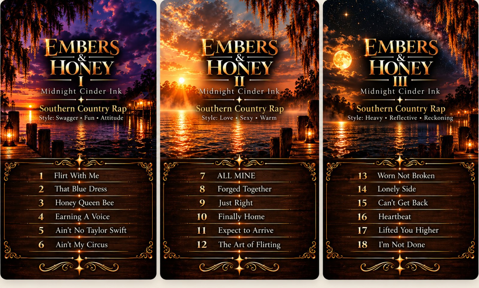 Embers & Honey I, II and III track lists. I (Swagger, Fun, Attitude): Flirt With Me, That Blue Dress, Honey Queen Bee, Earning A Voice, Ain't No Taylor Swift, Ain't My Circus. II (Love, Sexy, Warm): All Mine, Forged Together, Just Right, Finally Home, Expect to Arrive, The Art of Flirting. III (Heavy, Reflective, Reckoning): Worn Not Broken, Lonely Side, Can't Get Back, Heartbeat, Lifted You Higher, I'm Not Done.