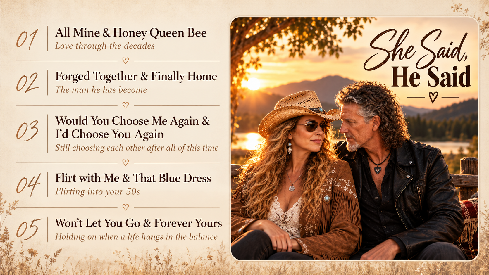 She Said, He Said pairs: All Mine & Honey Queen Bee, love through the decades. Forged Together & Finally Home, the man he has become. Would You Choose Me Again & Choose You Again, still choosing each other after all of this time. Flirt with Me & That Blue Dress, flirting into your 50s. Won't Let You Go & Forever Yours, holding on when a life hangs in the balance.